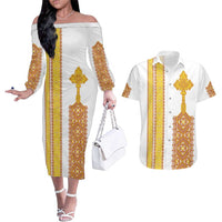 Habesha Motifs Ethiopia Couples Matching Off The Shoulder Long Sleeve Dress and Hawaiian Shirt Tilet White Gold