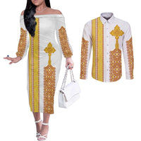Habesha Motifs Ethiopia Couples Matching Off The Shoulder Long Sleeve Dress and Long Sleeve Button Shirt Tilet White Gold