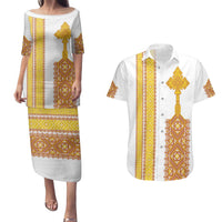 Habesha Motifs Ethiopia Couples Matching Puletasi and Hawaiian Shirt Tilet White Gold