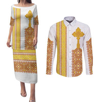 Habesha Motifs Ethiopia Couples Matching Puletasi and Long Sleeve Button Shirt Tilet White Gold