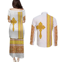 Habesha Motifs Ethiopia Couples Matching Puletasi and Long Sleeve Button Shirt Tilet White Gold