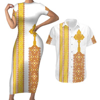 Habesha Motifs Ethiopia Couples Matching Short Sleeve Bodycon Dress and Hawaiian Shirt Tilet White Gold