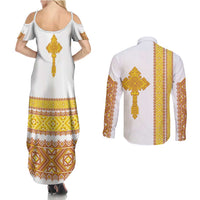 Habesha Motifs Ethiopia Couples Matching Summer Maxi Dress and Long Sleeve Button Shirt Tilet White Gold