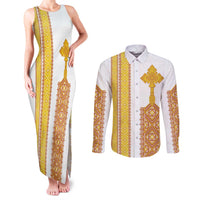 Habesha Motifs Ethiopia Couples Matching Tank Maxi Dress and Long Sleeve Button Shirt Tilet White Gold