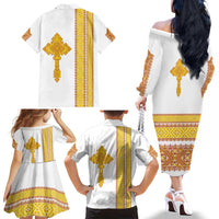 Habesha Motifs Ethiopia Family Matching Off The Shoulder Long Sleeve Dress and Hawaiian Shirt Tilet White Gold