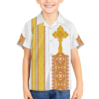 Habesha Motifs Ethiopia Family Matching Off The Shoulder Long Sleeve Dress and Hawaiian Shirt Tilet White Gold