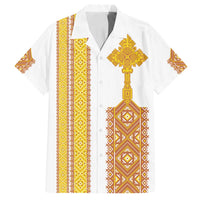Habesha Motifs Ethiopia Family Matching Off Shoulder Maxi Dress and Hawaiian Shirt Tilet White Gold