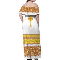 Habesha Motifs Ethiopia Family Matching Off Shoulder Maxi Dress and Hawaiian Shirt Tilet White Gold