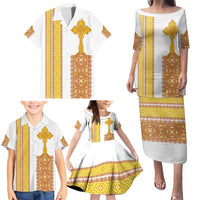 Habesha Motifs Ethiopia Family Matching Puletasi and Hawaiian Shirt Tilet White Gold