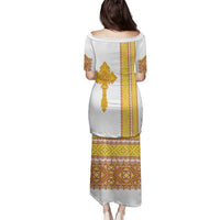 Habesha Motifs Ethiopia Family Matching Puletasi and Hawaiian Shirt Tilet White Gold