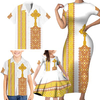 Habesha Motifs Ethiopia Family Matching Short Sleeve Bodycon Dress and Hawaiian Shirt Tilet White Gold