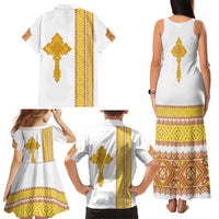 Habesha Motifs Ethiopia Family Matching Tank Maxi Dress and Hawaiian Shirt Tilet White Gold