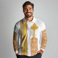 Habesha Motifs Ethiopia Long Sleeve Polo Shirt Tilet White Gold