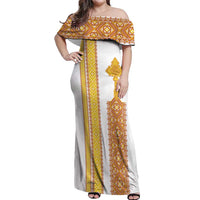 Habesha Motifs Ethiopia Off Shoulder Maxi Dress Tilet White Gold