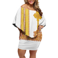 Habesha Motifs Ethiopia Off Shoulder Short Dress Tilet White Gold