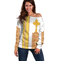 Habesha Motifs Ethiopia Off Shoulder Sweater Tilet White Gold