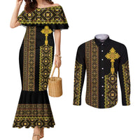 Habesha Motifs Ethiopia Couples Matching Mermaid Dress and Long Sleeve Button Shirt Tilet Black Gold