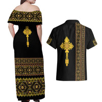 Habesha Motifs Ethiopia Couples Matching Off Shoulder Maxi Dress and Hawaiian Shirt Tilet Black Gold