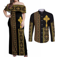 Habesha Motifs Ethiopia Couples Matching Off Shoulder Maxi Dress and Long Sleeve Button Shirt Tilet Black Gold
