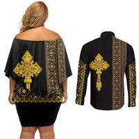 Habesha Motifs Ethiopia Couples Matching Off Shoulder Short Dress and Long Sleeve Button Shirt Tilet Black Gold
