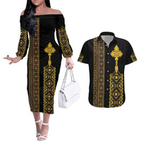 Habesha Motifs Ethiopia Couples Matching Off The Shoulder Long Sleeve Dress and Hawaiian Shirt Tilet Black Gold