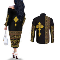 Habesha Motifs Ethiopia Couples Matching Off The Shoulder Long Sleeve Dress and Long Sleeve Button Shirt Tilet Black Gold