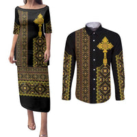 Habesha Motifs Ethiopia Couples Matching Puletasi and Long Sleeve Button Shirt Tilet Black Gold