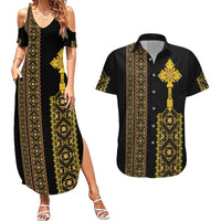 Habesha Motifs Ethiopia Couples Matching Summer Maxi Dress and Hawaiian Shirt Tilet Black Gold