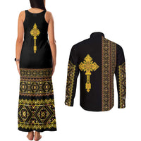 Habesha Motifs Ethiopia Couples Matching Tank Maxi Dress and Long Sleeve Button Shirt Tilet Black Gold