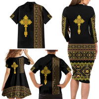 Habesha Motifs Ethiopia Family Matching Long Sleeve Bodycon Dress and Hawaiian Shirt Tilet Black Gold