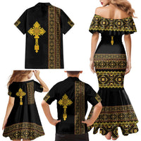 Habesha Motifs Ethiopia Family Matching Mermaid Dress and Hawaiian Shirt Tilet Black Gold