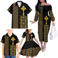 Habesha Motifs Ethiopia Family Matching Off The Shoulder Long Sleeve Dress and Hawaiian Shirt Tilet Black Gold