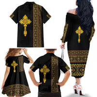 Habesha Motifs Ethiopia Family Matching Off The Shoulder Long Sleeve Dress and Hawaiian Shirt Tilet Black Gold