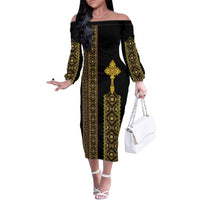 Habesha Motifs Ethiopia Family Matching Off The Shoulder Long Sleeve Dress and Hawaiian Shirt Tilet Black Gold