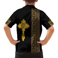 Habesha Motifs Ethiopia Family Matching Off Shoulder Maxi Dress and Hawaiian Shirt Tilet Black Gold