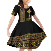 Habesha Motifs Ethiopia Family Matching Off Shoulder Short Dress and Hawaiian Shirt Tilet Black Gold