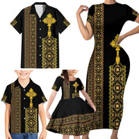 Habesha Motifs Ethiopia Family Matching Short Sleeve Bodycon Dress and Hawaiian Shirt Tilet Black Gold