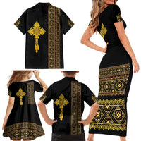 Habesha Motifs Ethiopia Family Matching Short Sleeve Bodycon Dress and Hawaiian Shirt Tilet Black Gold