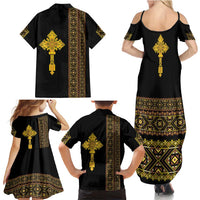 Habesha Motifs Ethiopia Family Matching Summer Maxi Dress and Hawaiian Shirt Tilet Black Gold