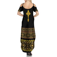 Habesha Motifs Ethiopia Family Matching Summer Maxi Dress and Hawaiian Shirt Tilet Black Gold