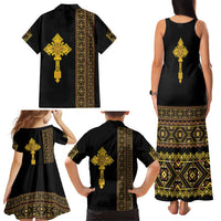 Habesha Motifs Ethiopia Family Matching Tank Maxi Dress and Hawaiian Shirt Tilet Black Gold
