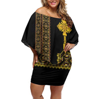 Habesha Motifs Ethiopia Off Shoulder Short Dress Tilet Black Gold