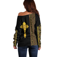 Habesha Motifs Ethiopia Off Shoulder Sweater Tilet Black Gold