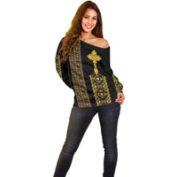 Habesha Motifs Ethiopia Off Shoulder Sweater Tilet Black Gold