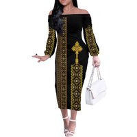 Habesha Motifs Ethiopia Off The Shoulder Long Sleeve Dress Tilet Black Gold