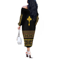 Habesha Motifs Ethiopia Off The Shoulder Long Sleeve Dress Tilet Black Gold