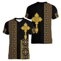 Habesha Motifs Ethiopia Women V-Neck T-Shirt Tilet Black Gold