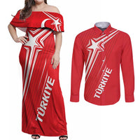 Turkiye Football 2024 Custom Couples Matching Off Shoulder Maxi Dress and Long Sleeve Button Shirt Crescent-Stars Basic Style LT7 - Wonder Print Shop