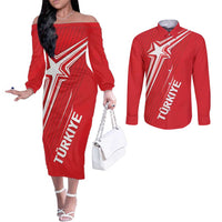 Turkiye Football 2024 Custom Couples Matching Off The Shoulder Long Sleeve Dress and Long Sleeve Button Shirt Crescent-Stars Basic Style