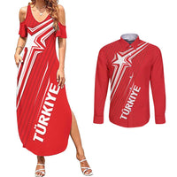 Turkiye Football 2024 Custom Couples Matching Summer Maxi Dress and Long Sleeve Button Shirt Crescent-Stars Basic Style LT7 - Wonder Print Shop